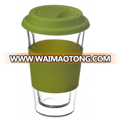 350ml double wall glass coffee mug with silicone rubber lid & band