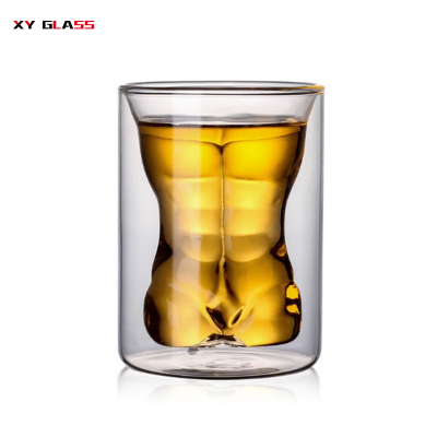 durable unique classical double wall hand blown man shape glass liqueur cup