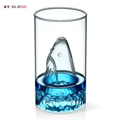 Promotion creative shark shaped drink double wall pyrex glass cup